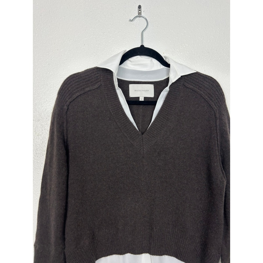 Brochu Walker Looker Layered V-Neck Sweater Wool Cashmere Char Brown Melange S - Picture 6 of 11